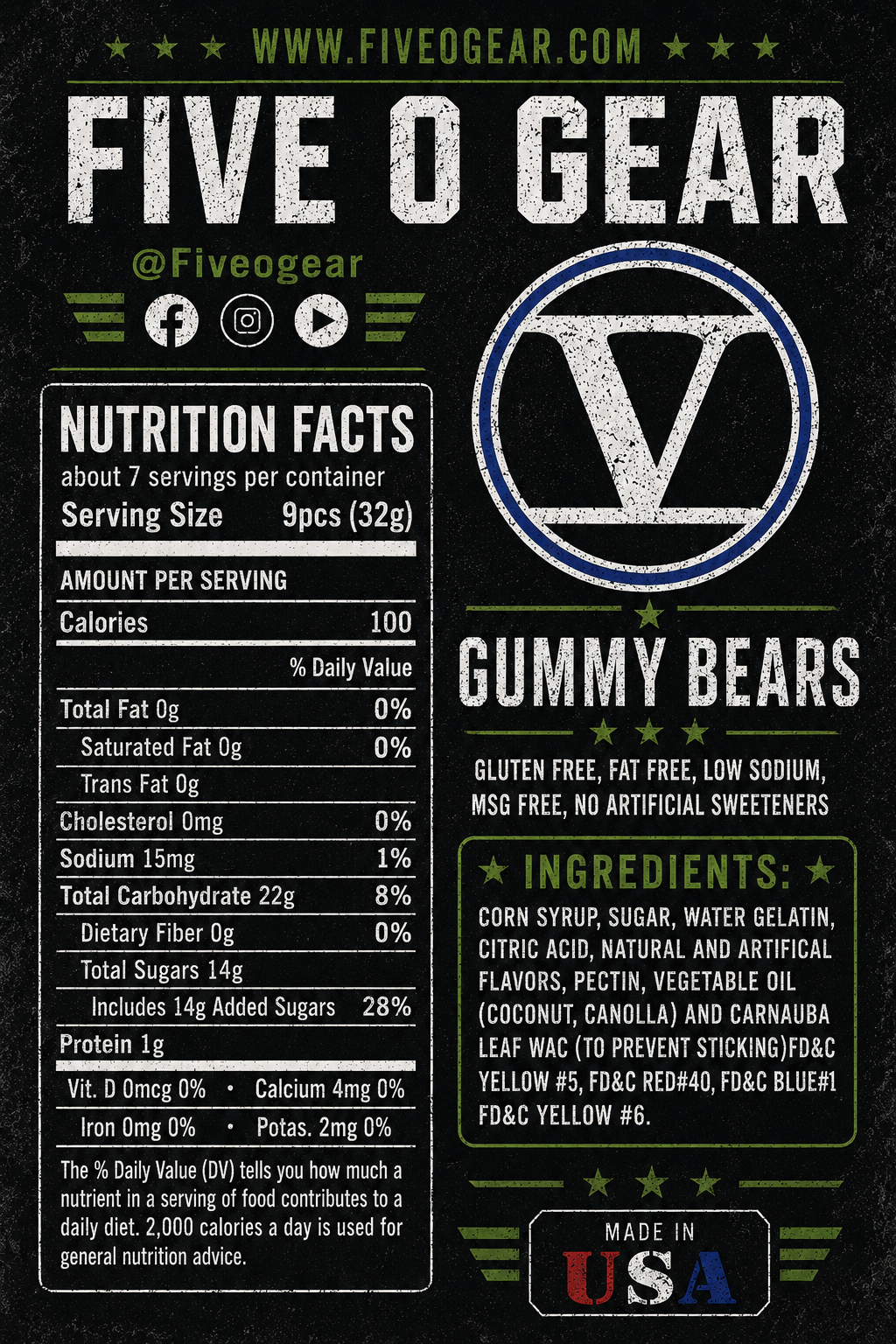 Five O Gear Gummy Bears | Patriotic Candy for Police, Firefighters & Veterans