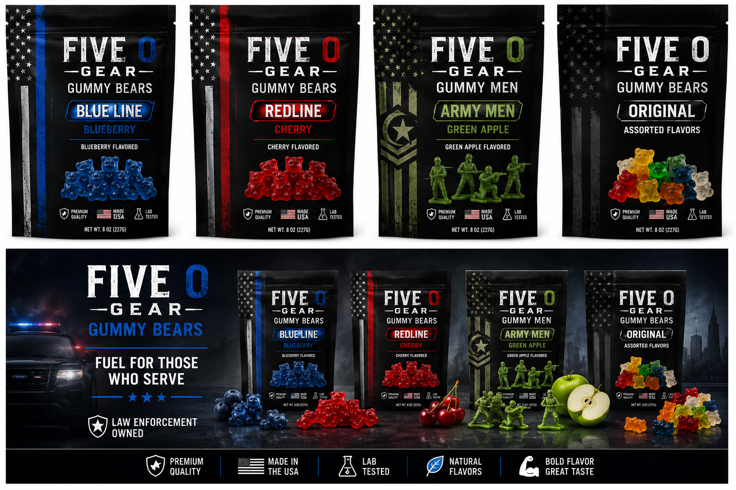 Five O Gear Gummy Bears | Patriotic Candy for Police, Firefighters & Veterans