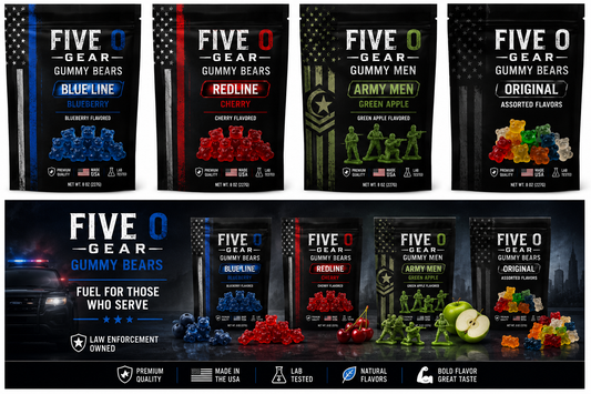 Five O Gear Gummy Bears | Patriotic Candy for Police, Firefighters & Veterans